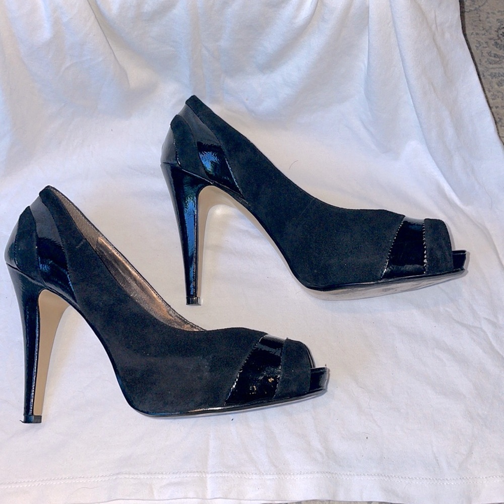 Nine West Black Suede/Patent Leather Platform PeepToe Heels 4.25in sz 7.5
